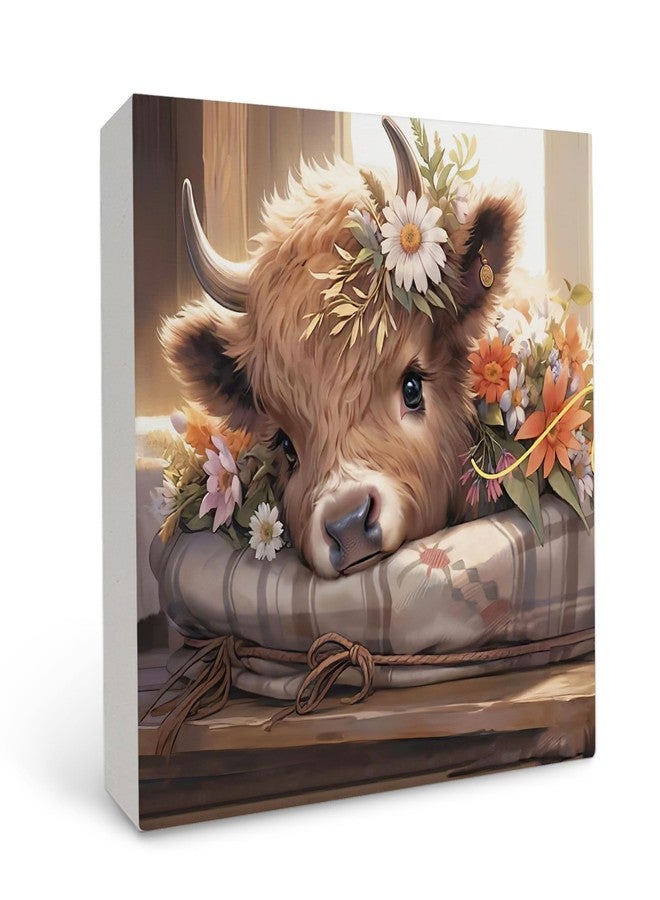 OFlich Highland Cow Wooden Signs - Highland Cow Decor, Summer Cow Wooden Signs for Home Decor 5x5, Floral Summer Signs - Image 1